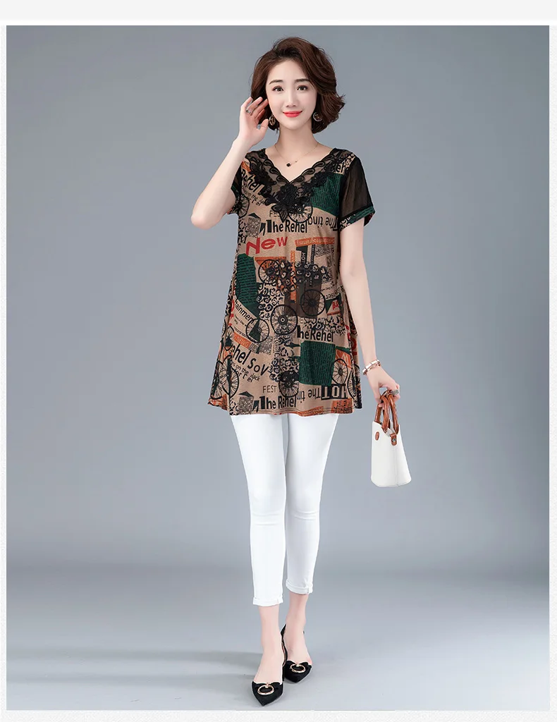 Women Summer V-Neck Lace Blouses Multicolor Print Shirts Lady Casual Short Sleeve Female Plus Size Blusas Tops | Женская одежда