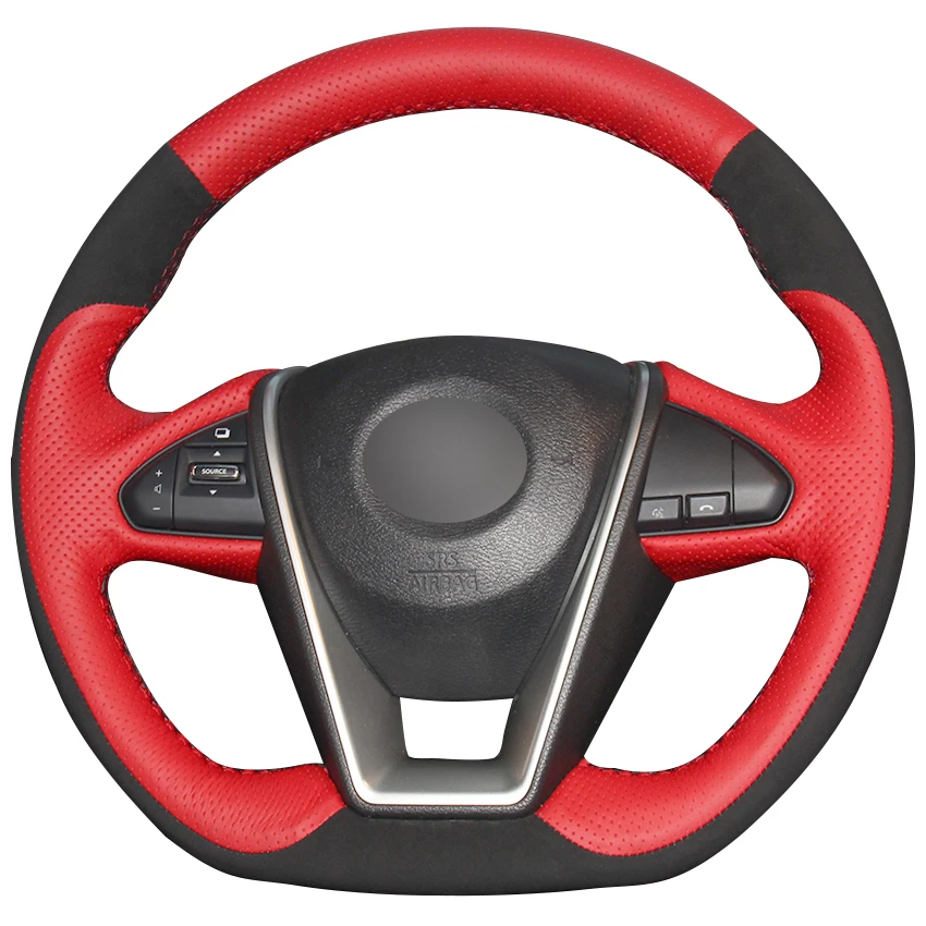Красный натуральный кожаный черный замшевый чехол рулевого колеса автомобиля