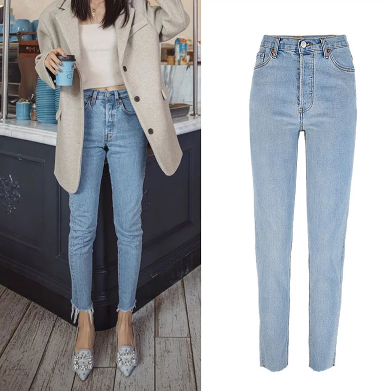 

High Quality Women High-waisted Skinny Jeans 100% Cotton Ripped Jeans for Women Denim Vintage Straight Blue Denim Pants Trousers
