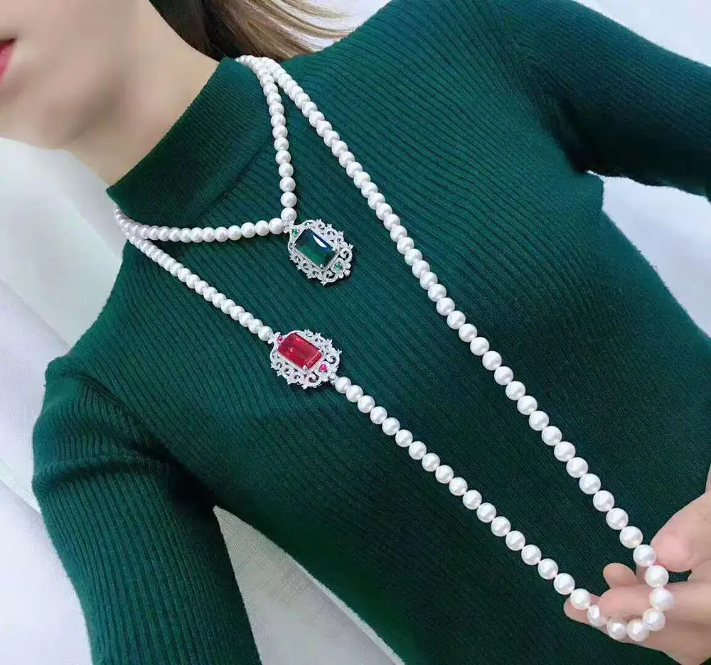 

Women's jewelry hand knotted 8-9mm micro inlaid zircon accessories white freshwater pearl necklace personality