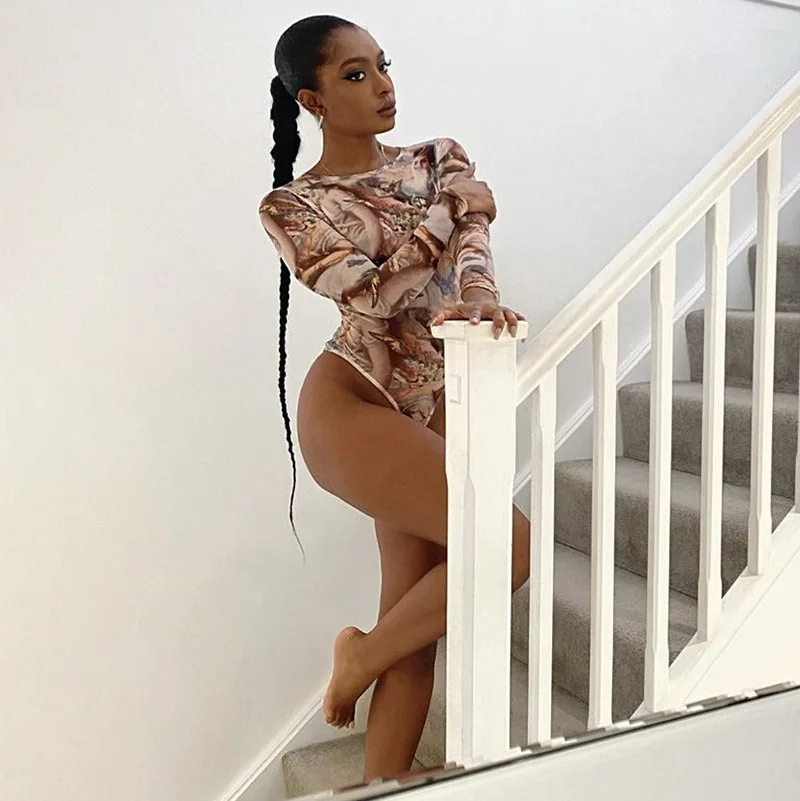 Cryptographic Fall 2020 Long Sleeve Sexy Bodysuits Party Club Tops Female Aesthetic Print High Waist Bodysuit Streetwear
