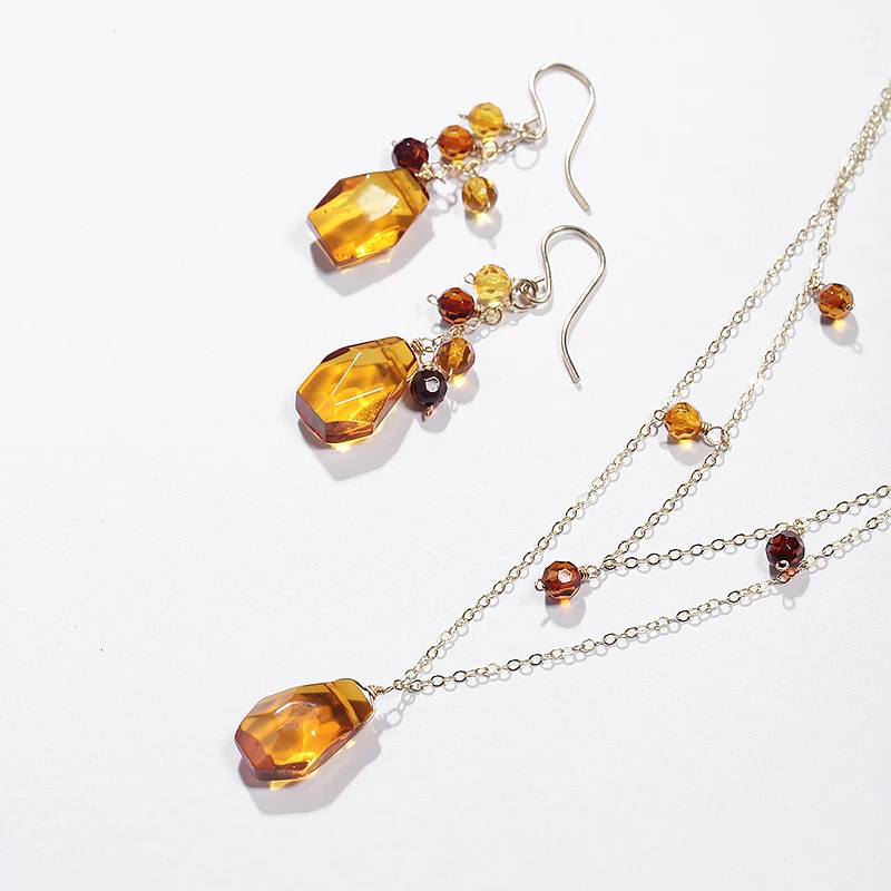 

Women's Elegant Jewelry Natural Gemstones Baltic Amber 18K Solid Pure Gold Handmade Earring Necklace Sets