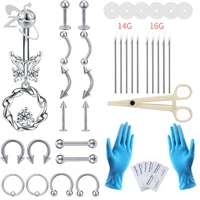 zs 45pcslot professional body piercing kit steel 14g 16g flower butterfly belly ring tongue tragus lip nose piercing jewelry