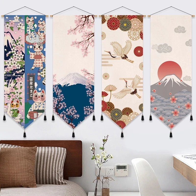 

Cherry Blossom Scroll Painting Wall Art Canvas Posters Mount Fuji Painting Wooden Hanging Painting Printed Japanese Home Decor
