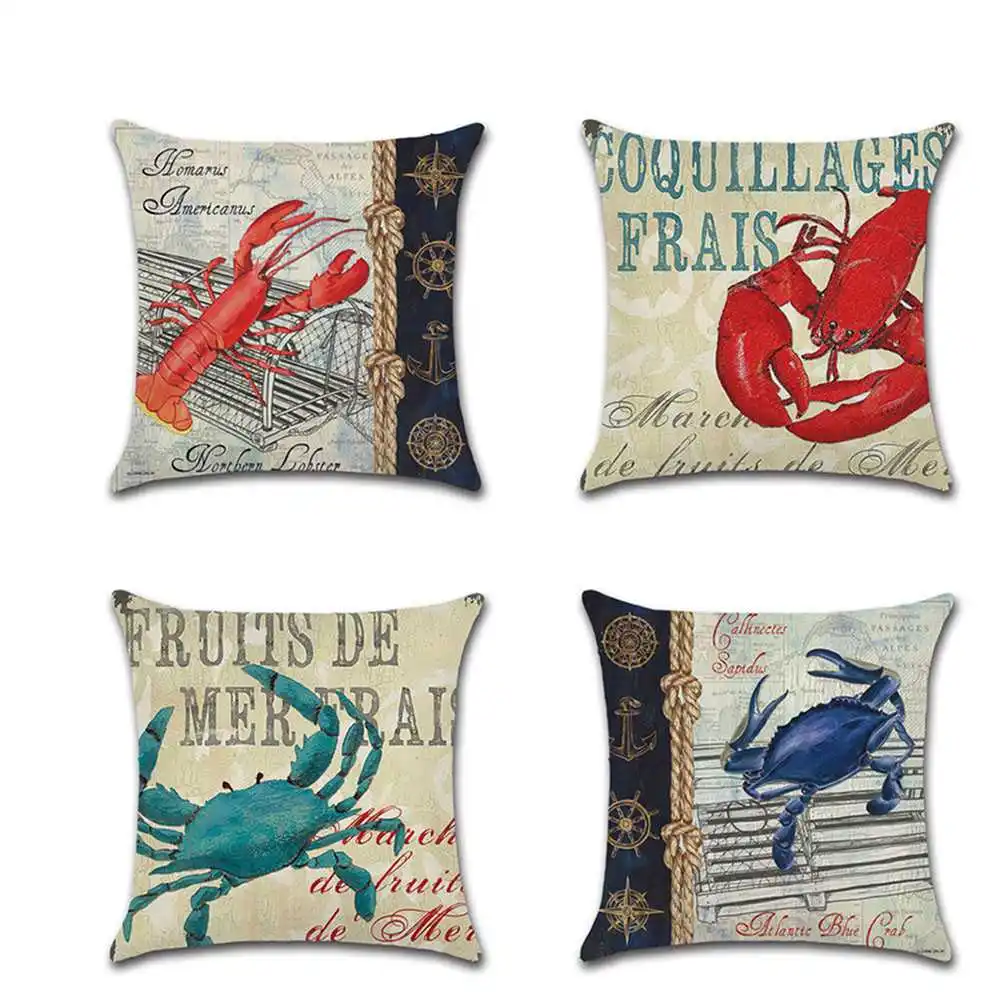 

Ocean Theme Linen Lobster Pattern Sofa Decorative Crab Pillow Pillowcase 45*45cm Pillow Home Decor