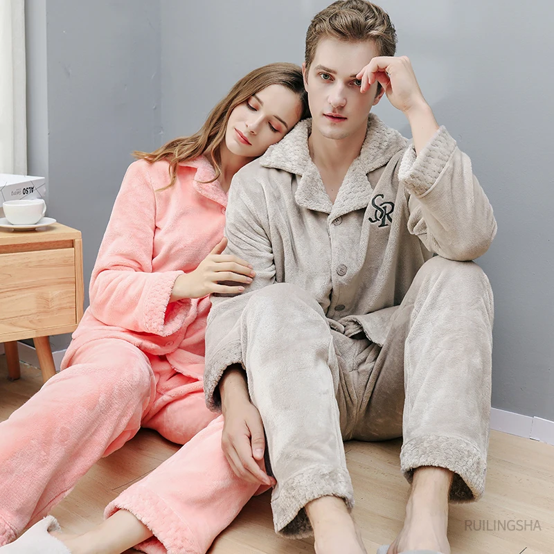 Зимние толстые фланелевые пижамные комплекты для влюбленных Мужская одежда сна