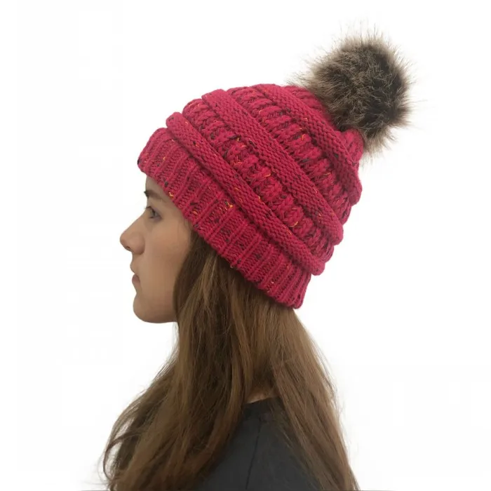 hotpink pom ball Женские зимние теплые шапки бини с милым искусственным мехом помпонами, вязаные шапки Skullies, уличные повседневные Лыжные шапки - Цвет: hotpink pom ball