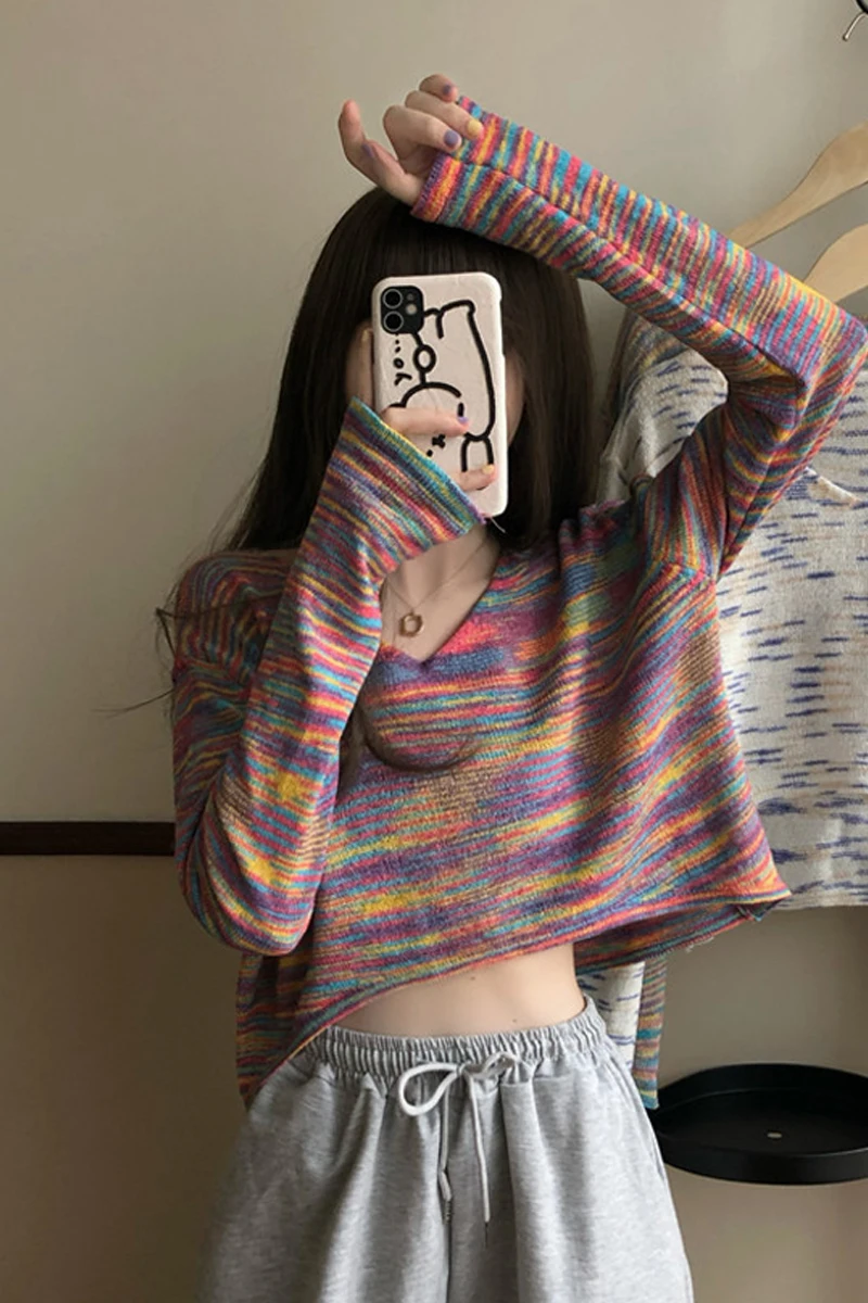 

Cropped Sweater Women Long Sleeve Casual Knitted Pullover Outfit Rainbow Fashion Jumper Thin Korean Autumn 2020 Female Clothing
