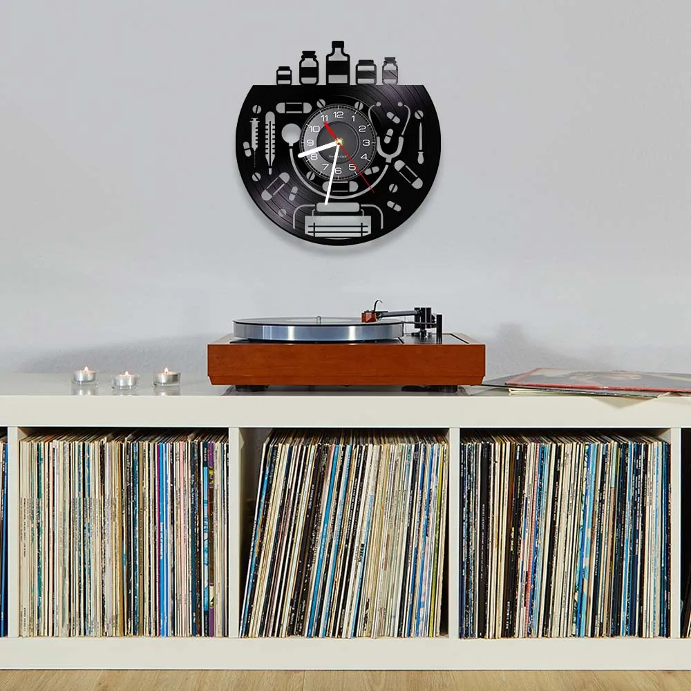 

Medical Supplies Wall Clock Made Of Real Vinyl Record Medicine Bottle Work Drum Echometer LED Wall Watch Gift For Doctor & Nurse