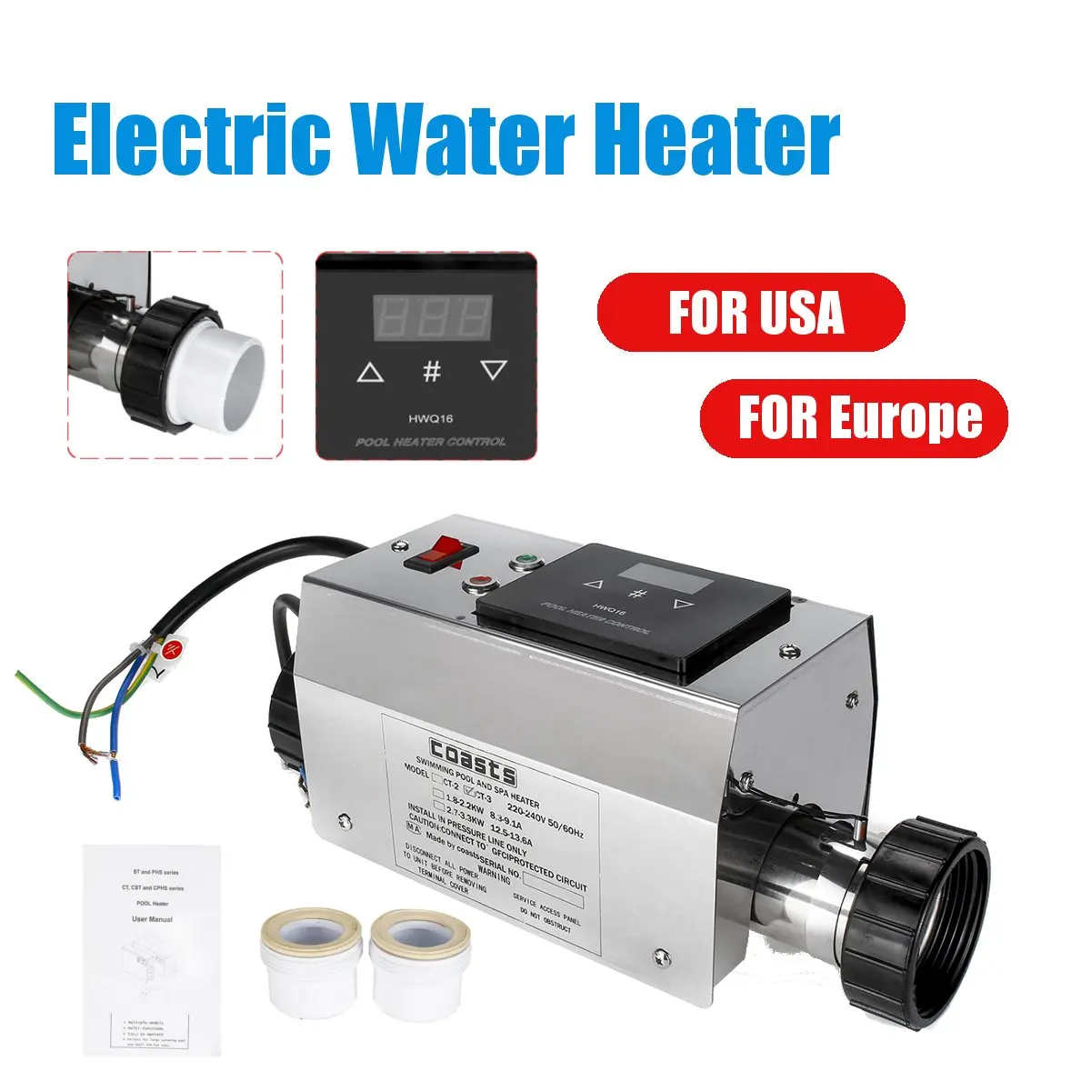 Подогреватель бассейна 3KW 220V Электрический бассейн и спа ванна Отопление термостат водонагревателя 220V аксессуары для бассейна