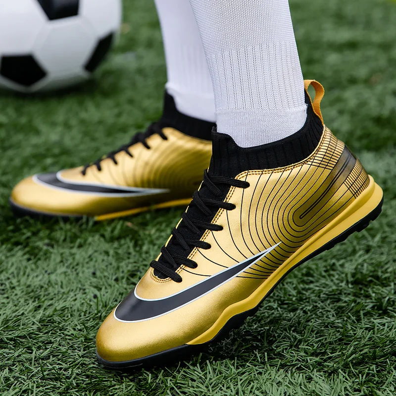 BINBINNIAO Men Professional Football Boots Kids Boys TF AG Golden Soccer Shoes Cleats Sport Sneakers size 30-44
