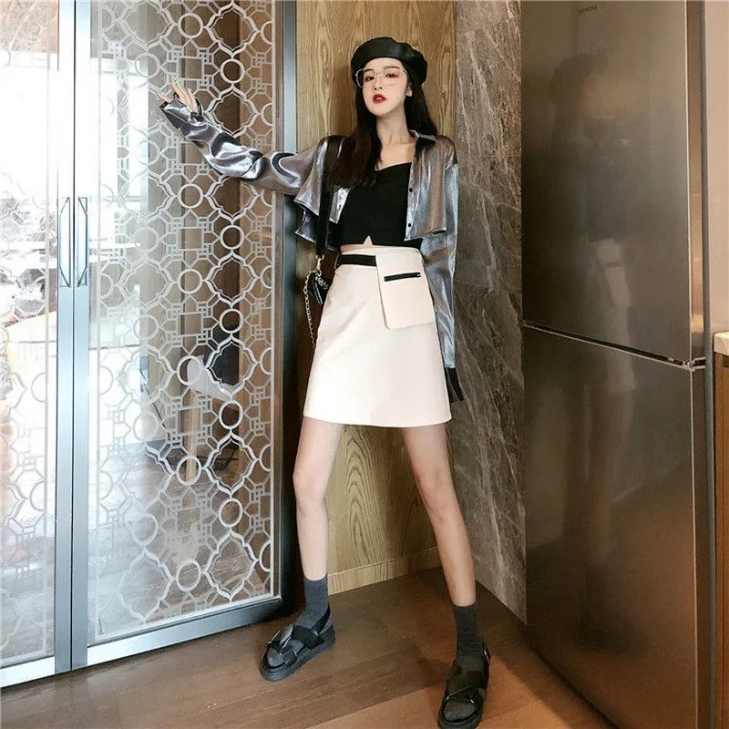 

NiceMix Spring new women 3 pieces suit sets mermaid Full Sleeve Blouse shirt & strapless & high waist skirt Korean women's fash