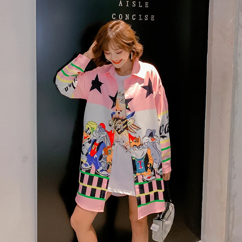 2020 Spring new arrival cartoon print long shirts fashion women | Женская одежда