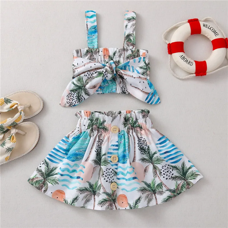 

6M-4T Newborn Baby Girlâ€™s Summer Two Piece Set Fresh Plant Printing Knotted Suspender Tops and Fashion Button A-line Midi Skirt