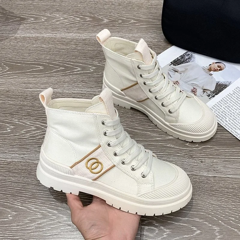 

Женские парусиновые ботинки с высоким верхом, на плоской подошве и нескользящей подошве, новинка сезона весна-осень 2021, модные повседневные...