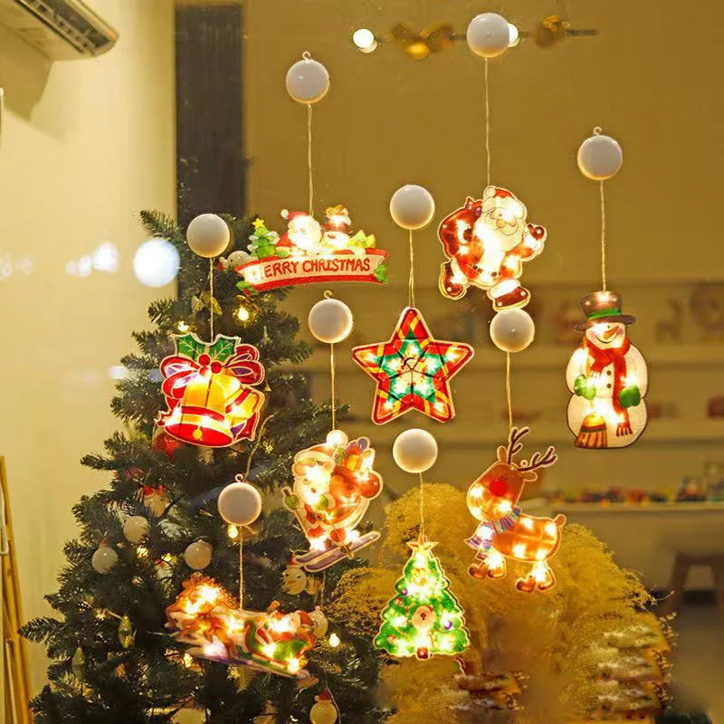 

LEDChristmas Scene Show Window Decoration Painted Santa Claus Cartoon Pendant Sucker Lamp Christmas Decoration Accessories