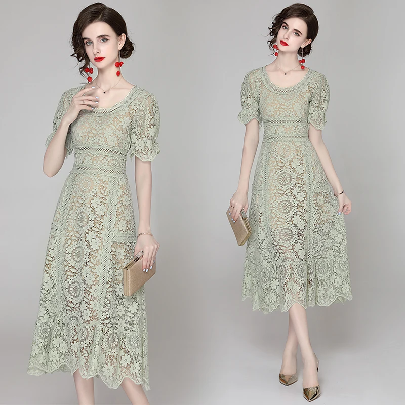 

Lace Party Dress Women Elegant O Neck Hollow Out Short Sleeve Ruffles Dresses Female Robe Summer Midi Dress Robe Vestido