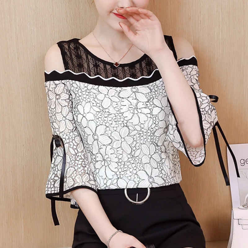 

New Flower Lace White Blouse Shirts Women tops Off shoulder Top Femme Camisa see Half sleeve 2020 Summer Sexy blusas 202G