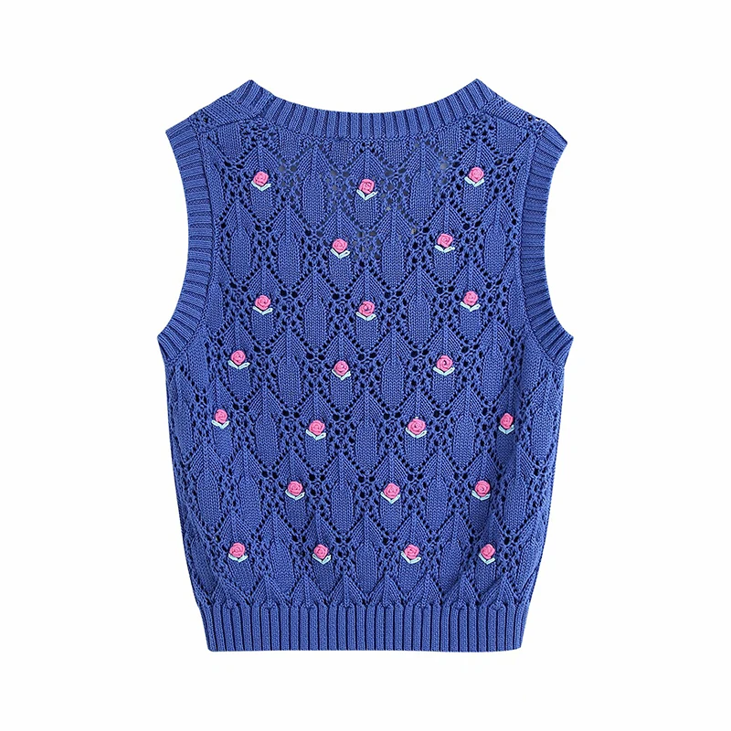 

Za Women Fashion Flower Shaped Decoration Crop Knitted Vest Sweater O Neck Sleeveless Female Waistcoat Chic Tops BB1742