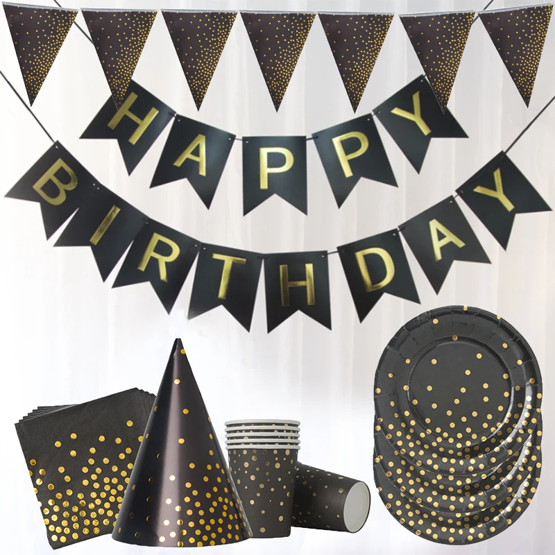

Black Gold Party Disposable Decoration Accessories Paper Cups Plates Wedding Birthday Party Supplies Balloons Girl Boy Party