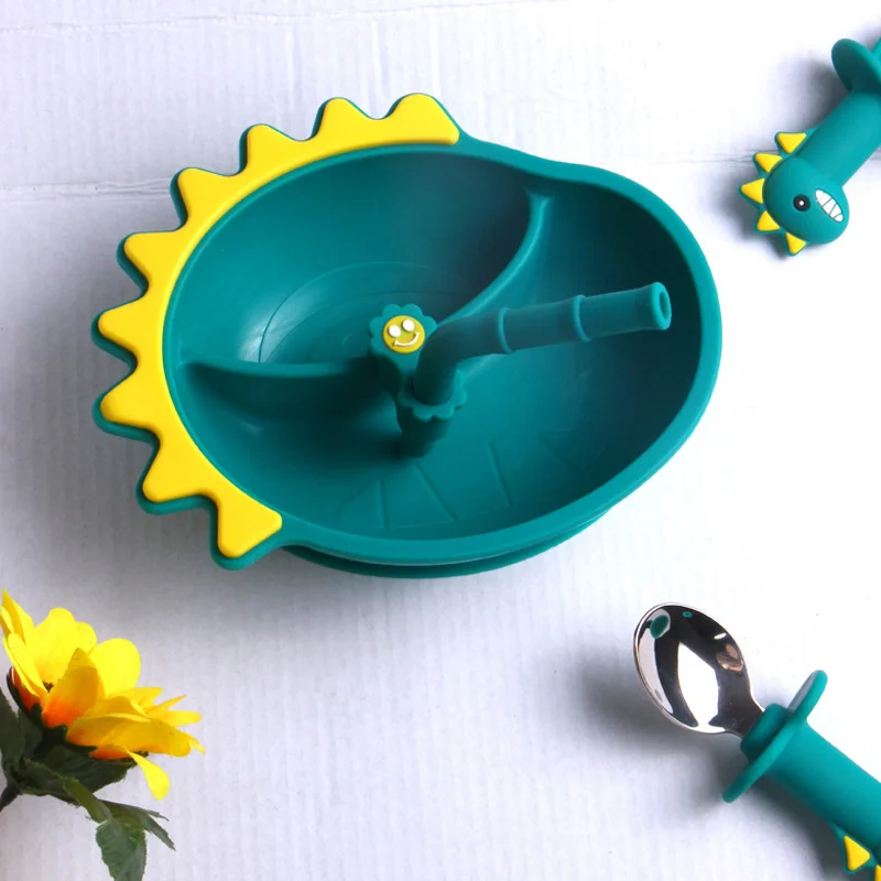 

Baby Training Feeding Food Bowl Spoon Fork Set Anti Slip Cartoon Dinosaur Plate Baby Training Feeding Bowl Spoon Fork Set
