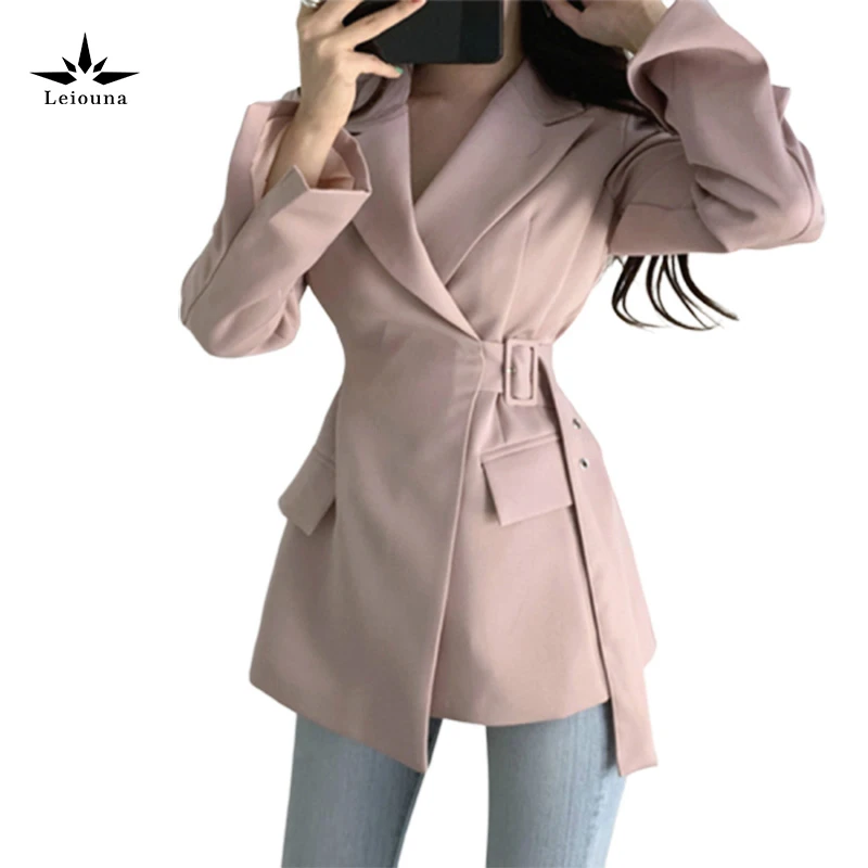 

Leiouna Solid Turn-down Office England Style Ladies Outwear New 2020 Pink Black Fashion Winter Women Autumn Female Jacket