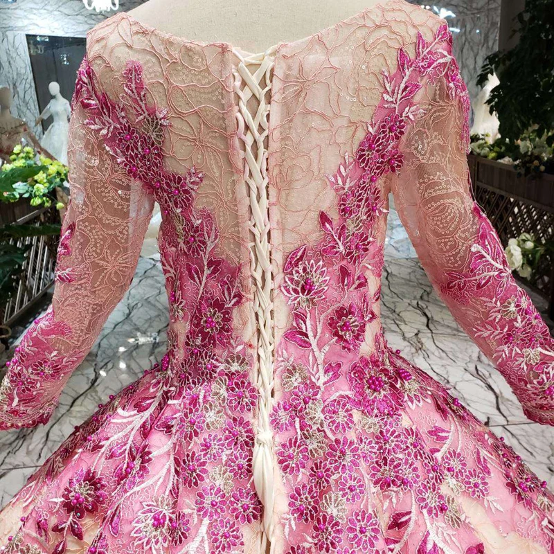 BGW 325ht Ball Gown Tassel Prom Dresses With Pink Flowers Floor Length O-neck Long Sleeves Muslim Swollen Pleat Evening Dresses