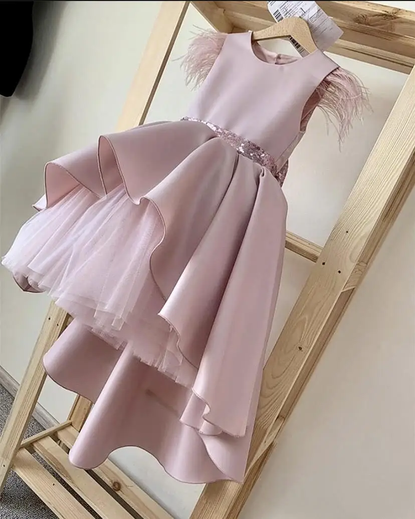 Pink High Low Pretty Girls Dresses with Bow Feather O Neck Flower Girl Dress Kids Children Birthday Party Gown