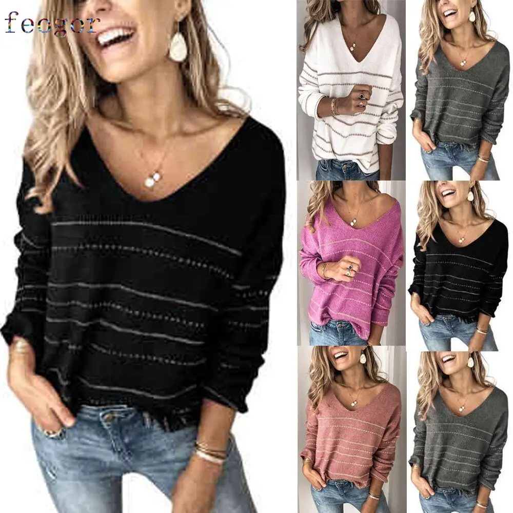 

FEOGOR Sports vest 2021 early autumn new casual women's solid color knit sweater striped V-neck blouse women Casual top