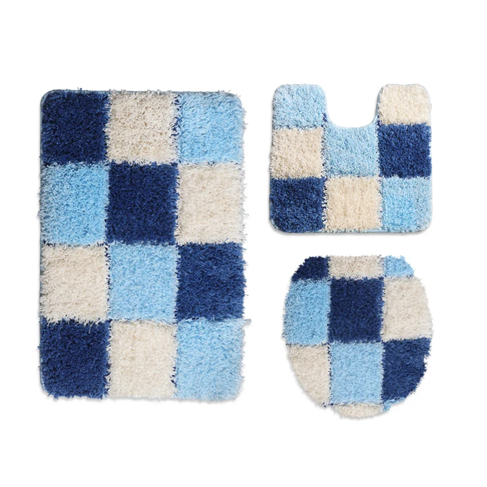 1 set bathroom mat for toilet european grid printing shower room carpet door mat anti slip household lid cover floor rug sets free global shipping