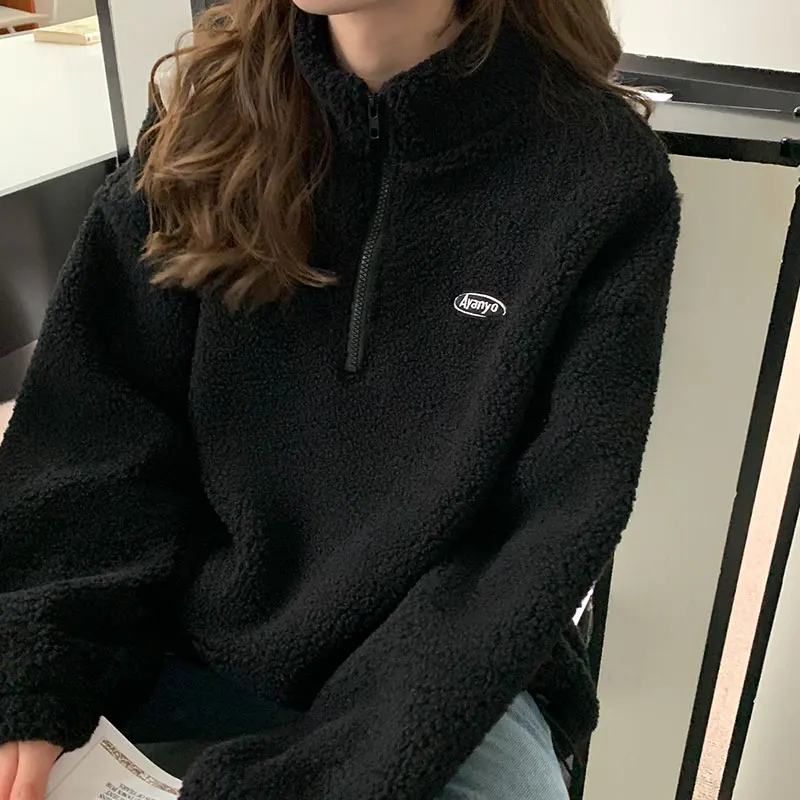 

Fleece Velvet Casual Zipper Turtleneck Fashion Long Sleeve Female Women Fashion Solid Letter Tops Pullover Sweatshirts