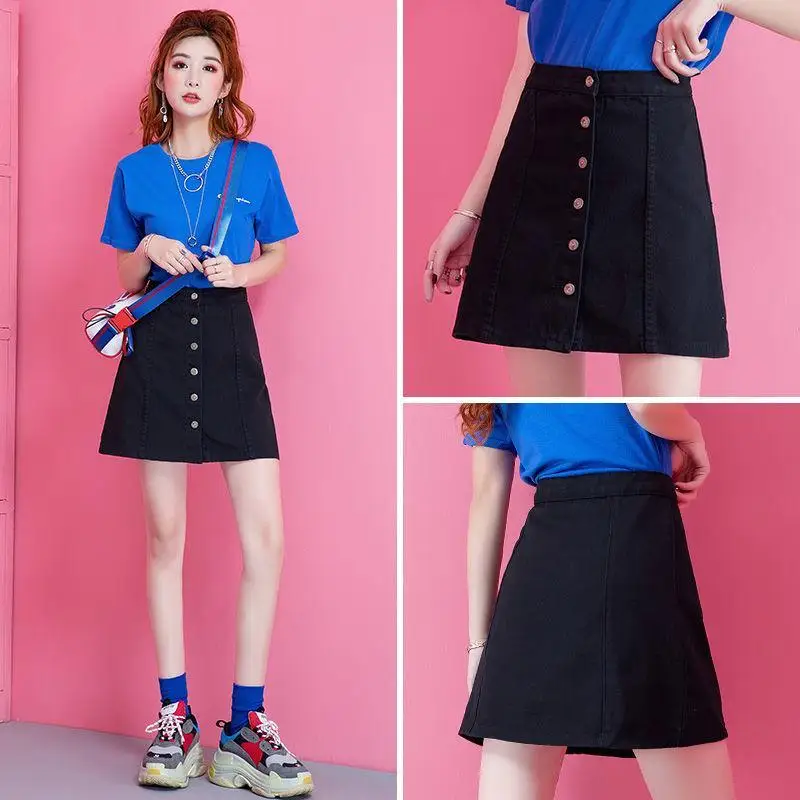 

High Waist Denim Skirt For Women 2021 Spring Summer Single Button Pockets A-Line Casual Female All Match Jeans Skirts