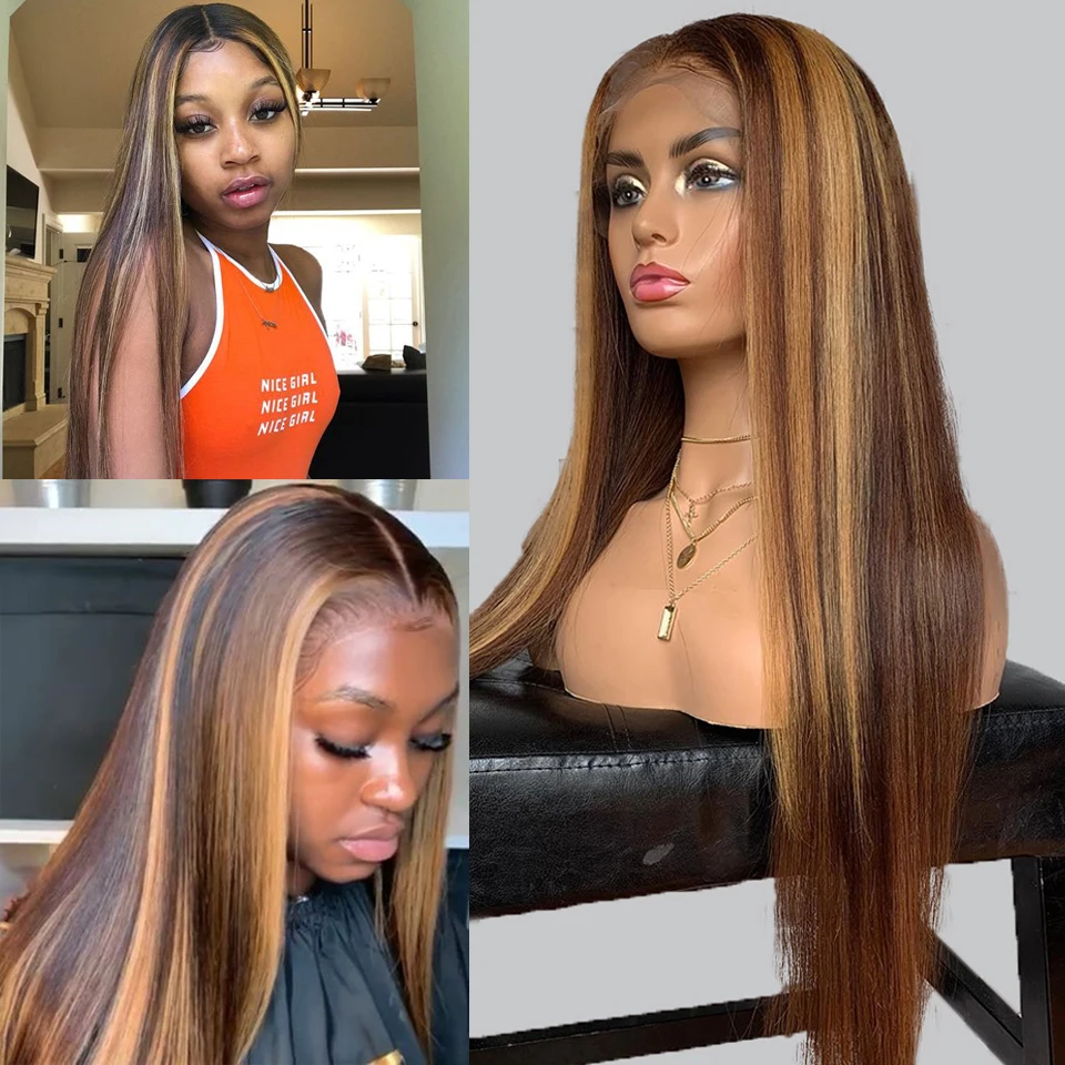 150% Straight Part Lace Front Wig Honey Blonde Brazilian Remy Hair #27 Mix Colored Ombre Human Wigs For Women | Шиньоны и парики