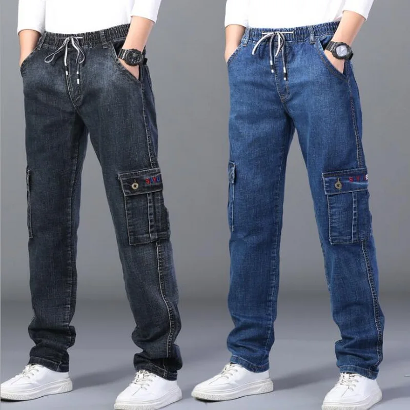Loose Elastic Jeans Men High Waist Straight Denim Pants Elastic Waist Maximum Fit Weight Obesity 330 lb