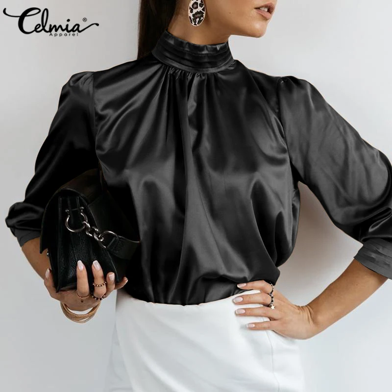 

Fashion Women Blouses 2023 Celmia Elegant Satin Silk Tops Tunics Party Solid High Collar Shirt Autumn Lantern Sleeve Blusas 7