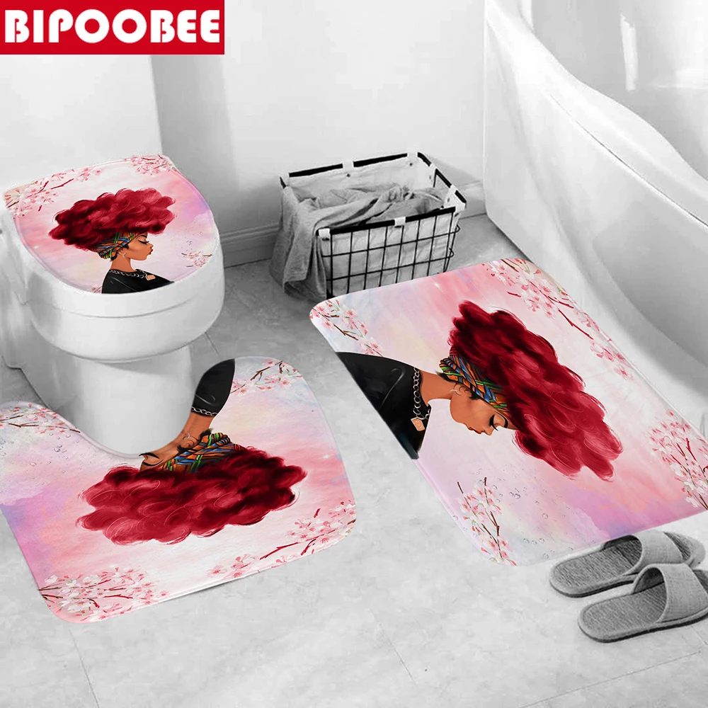 Розовая занавеска для душа женщин Африканский Коврик ванны с красными волосами
