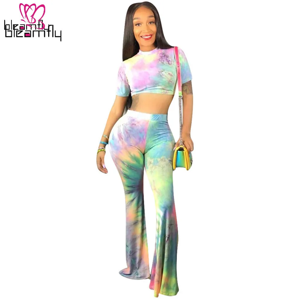 Женская Летняя короткая футболка с принтом Tie Dye Galaxy топ широкие штаны костюм
