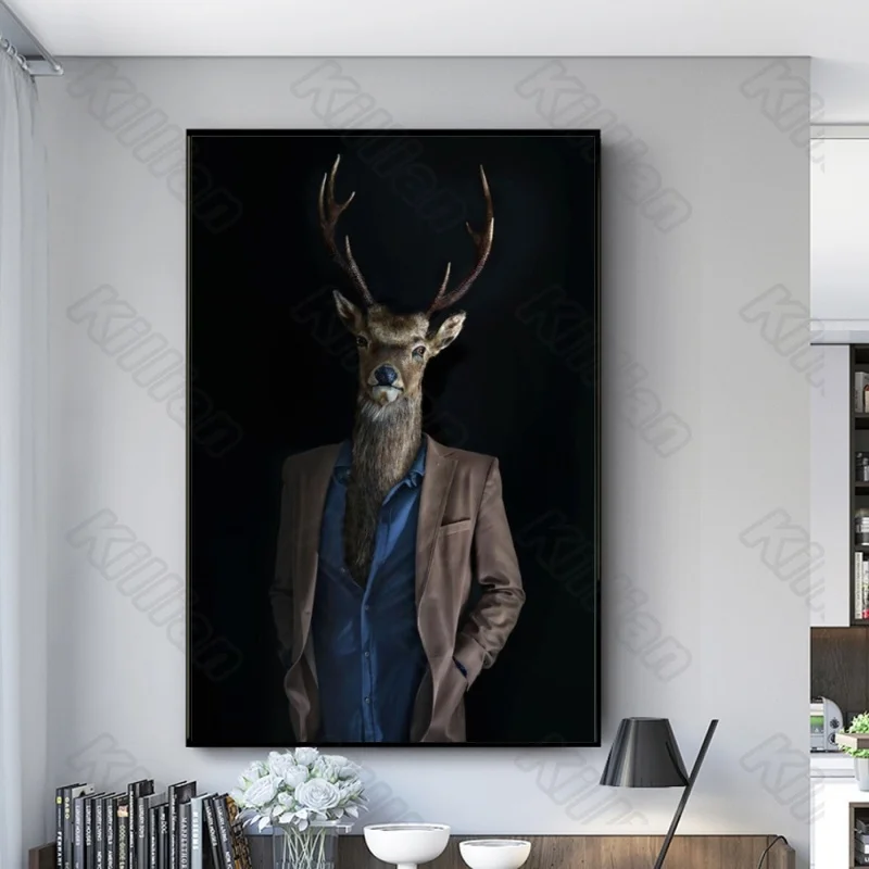 

Europe Style Murals Suit Gentleman Sika Deer Frameles Poster Home Residential Bedroom Decoration Living Room Canvas Painting