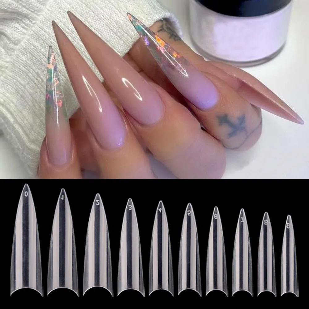 

600pcs/Bag Long Stiletto False Nails Clear-Natural Acrylic ABS Half Cover Thin Flexible Nail Art Tips 10 Sizes Fake Nails