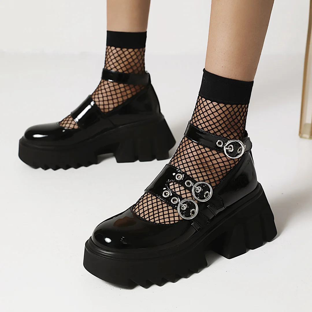 

High Waterproof Platform Platform Hollow Heel Street Fashion Shoes Patent Leather Shallow Mouth Ankle Strap Platform Shoes