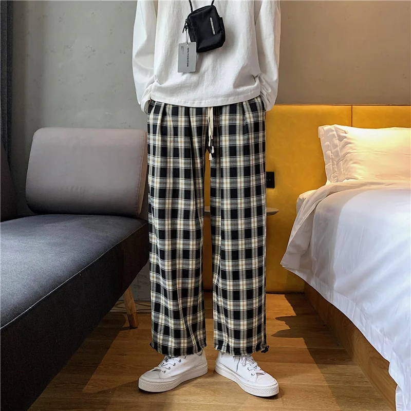 

Spring Men's Plaid Casual Pants Korean Fashion Loose Harajuku Streetwear Straight Pants Drawstring Pants Men Ankle-length Pants