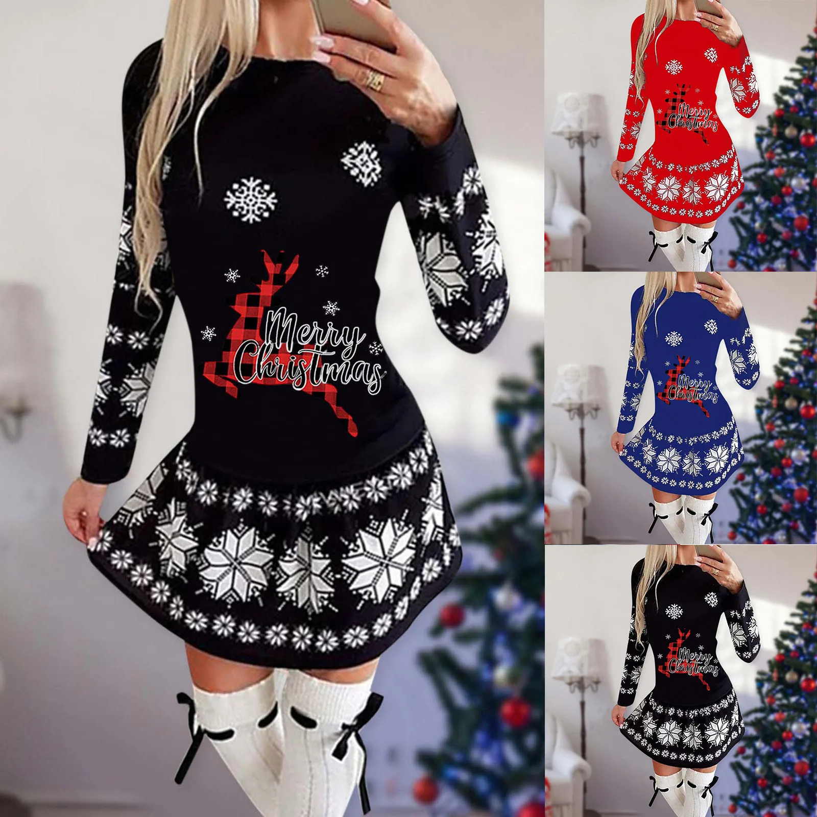 

Рождественское платье EIK с принтом в виде снежинок, женское весеннее платье-трапеция с круглым вырезом, Вечернее свободное платье, облегающ...