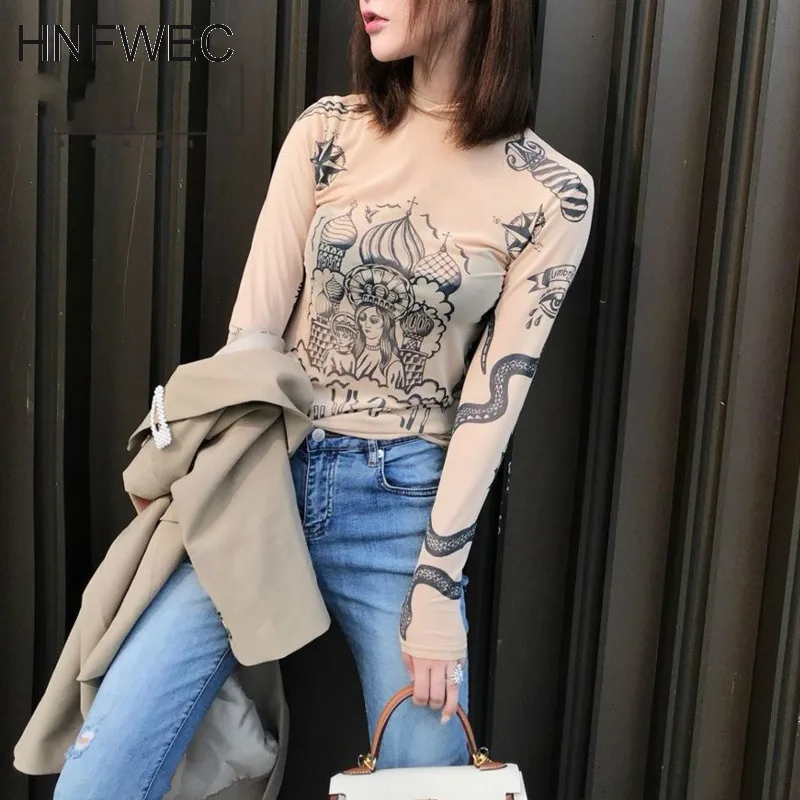 

2021 Russia Autumn New Fashion Women Basal Top Goddess Tatoo Print Vintage High Tight Collar Mesh Yarn SEXY Blouse Shirt P032