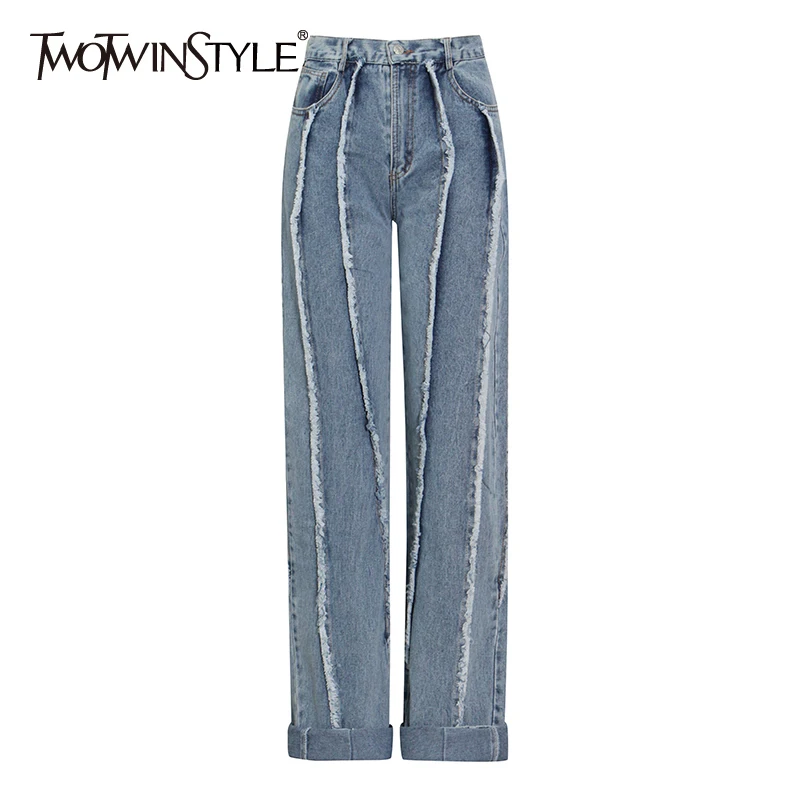 

Женские джинсовые брюки TWOTWINSTYLE, повседневные синие свободные джинсы с высокой талией, карманами и кисточками, весна 2021, новинка