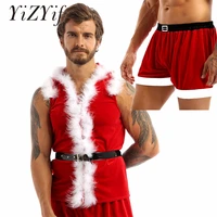 men christmas xmas outfits sets velvet hooded coat sleeveless faux fur with flannel christmas santa claus costume holiday boxer
