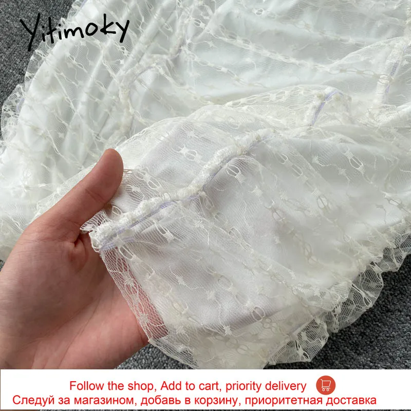 

Yitimoky Elastic High Waist Camis Dresses Women Mesh Puff Sleeve Slash Neck A-Line White 2021 Summer Clothes Korean Fashion New