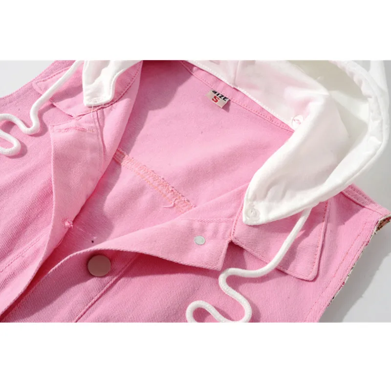 Модный розовый белый жилет женский джинсовый с кружевными вставками Съемная