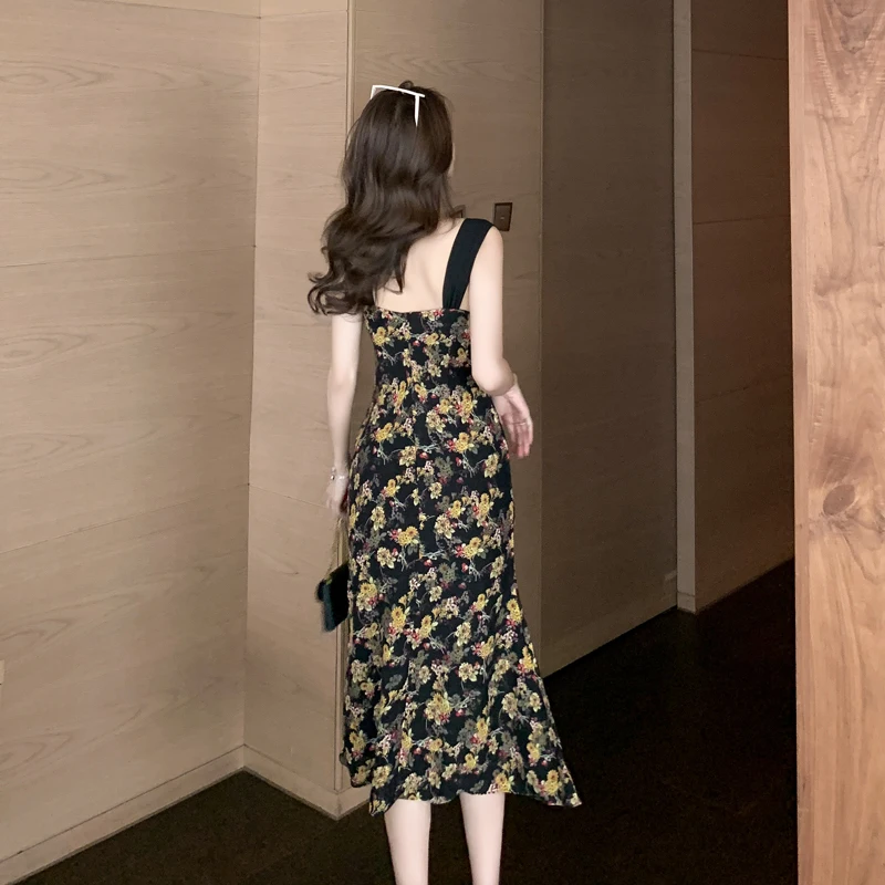 

CMAZ floral printed dress for women summer 2021 strap chiffon dress french style beach dresses 1839#