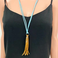 2 layers velvet rope long leather fringe tassel metal feather sunflower cactus pendant necklace for women boho sweater chain
