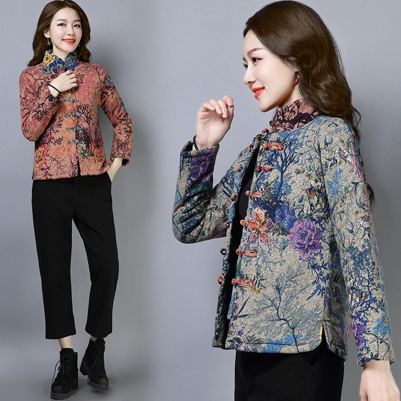 2019 Autumn Women's Retro National Wind Coat Short Section Thin Disc Buckle Printed Cotton Parkas | Женская одежда